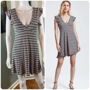 Wild Fable Colorful Rainbow Ribbed Striped Mini Dress Flutter Sleeve Small S